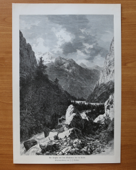 Holzstich Triglav mit Wocheiner Seee in Krain 1887 nach Originalzeichnung von J J Kirchner Kunst Künstler